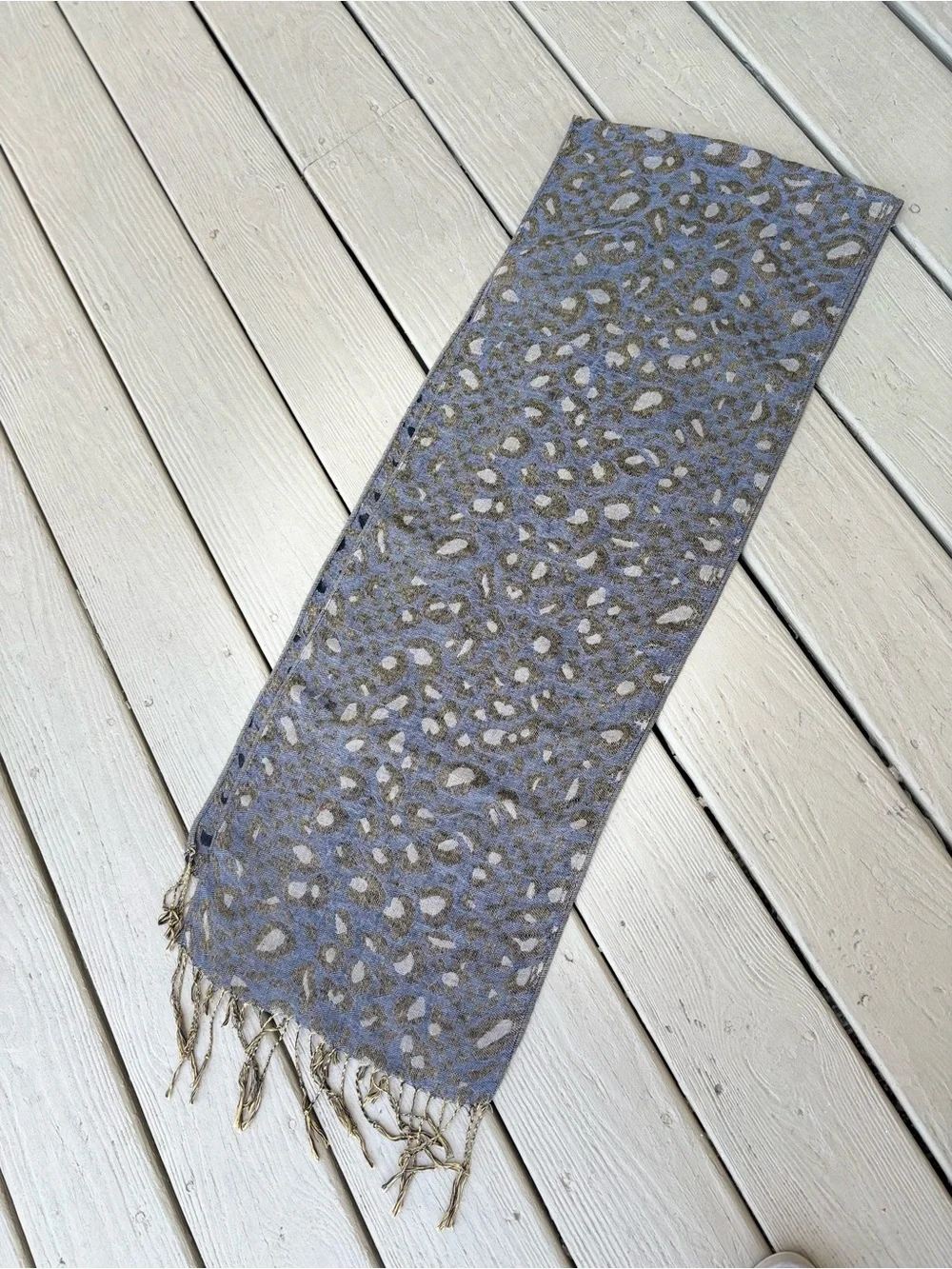 NWOT Unisex Gray/Black/Gold Patterned Long Scarf with Fringes, Size: 68” x 13”